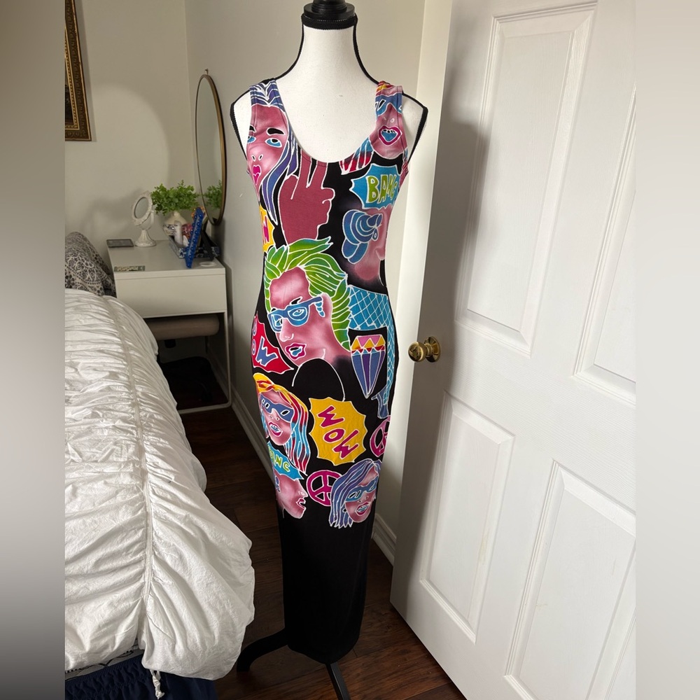 Y2K Pop Art Comic Graphic Maxi Dress S M Bodycon 90s Retro